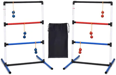 Produktbild von GOPLUS 2er Leitergolf Wurfspiel Set, Spin Ladder aus PVC, Ladder Golf mit Tragetasche, Score-Tracker-Klemme, mit 6 Doppelkugeln, Geschicklichkeitsspiel für alle Altersgruppe