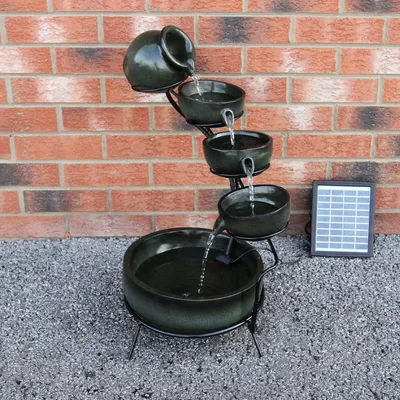 Produktbild von Kaskadenbrunnen 4-stufiger Wasserbrunnen Grün Solar-Wasserspiel mit überlaufenden Schalen Wasserbrunnen Solarbrunnen Gartenbrunnen solarbetrieben Springbrunnen Zierbrunnen