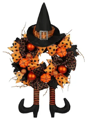Produktbild von Halloween Türkranz 40cm Künstlicher Gruselkranz mit Hut & Beinen Spinne Kürbis Schwarze Herbst Türdeko Orange