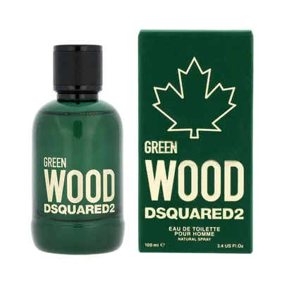 A bottle of Dsquared2 Green Wood Eau de Toilette and its packaging are displayed against a white background.