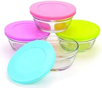 Produktbild von Unyqoos® Glas‑Schälchen mit Deckel 4er‑Set – Frühstücks‑ & Dessertschalen 250 ml, hitze‑ & kältebeständig, lebensmittelecht, spülmaschinenfest, rosa/lila/gelb/türkis, Höhe 49 mm