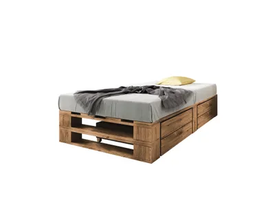 Produktbild von Lermowood Palettenbett M2 100 x 200 cm mit 2 Bettkästen Eiche, Erhöhte Komforthöhe 40 cm, Massivholz