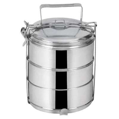 A three-tiered stainless steel tiffin carrier with a handle.