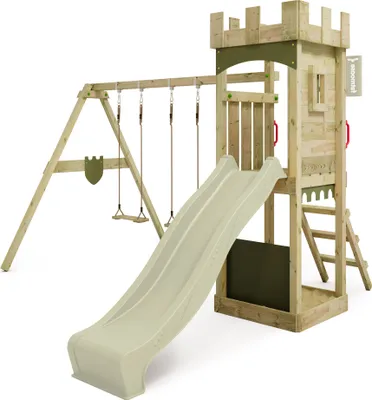 Image de FATMOOSE Tour de jeux TreasureTower avec balançoire & toboggan, tour à grimper avec bac à sable, échelle & accessoires de jeu - vert sauge / vert olive