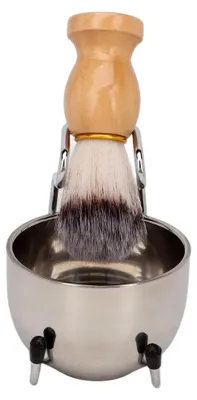 Produktbild von Rasierpinsel-Set mit Metallseifenschale und Halter, ergonomischer Holzgriff, 3-in-1-Nassrasur-Set für Herren
