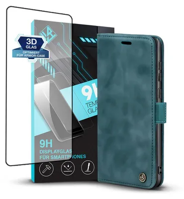 Produktbild von Handy Hülle für Samsung Galaxy S23 Ultra mit 9H Displayglas Klapphülle Bookcase Flip Cover Handy Tasche Etui Farbe: Petrol