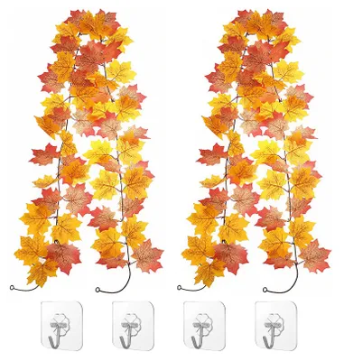 Produktbild von 2-teilige Herbstgirlande mit Ahornblättern, künstliche Ahornblätter für Thanksgiving und Herbstdekoration, hängende Girlande aus Seidenahornblättern für Zuhause/Kamin/Garten/Party (200 cm)