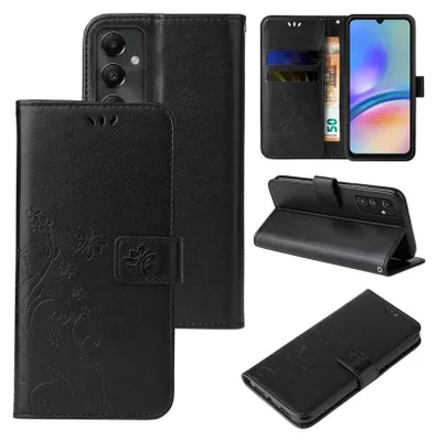 Produktbild von Handyhülle für Samsung Galaxy A05s Floral Blumen Schmetterling Flip Cover Hülle Case Klapphülle Handytasche Farbe: Schwarz