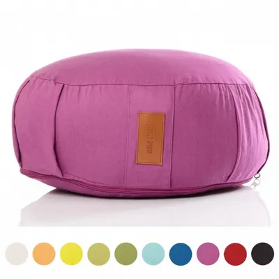 Produktbild von GORILLA SPORTS® Yogakissen - Rund, Waschbarer Bezug, 100 % Baumwolle, mit Dinkelfüllung, Sitzhöhe 18 cm, Durchmesser 30 cm, mit Griff, Lila - Meditationskissen, Sitzkissen, Yoga Bolster
