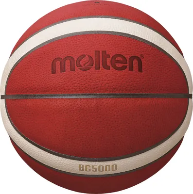 A red basketball with white stripes and branding.