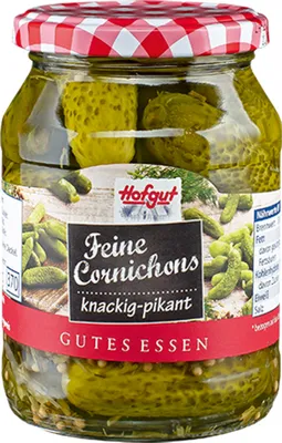 Obrázek produktu pro Hofgut Feine Cornichons křupavé s pikantními bylinkami ve sklenici 370ml