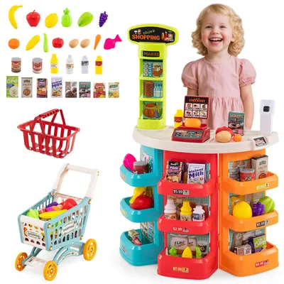 Produktbild von COSTWAY Kaufladen mit Einkaufswagen, Kinder Kaufmannsladen mit Waage, Regalen, Scanner & Spiel-Lebensmittel, Supermarkt, Einkaufsladen für Kinder 3+