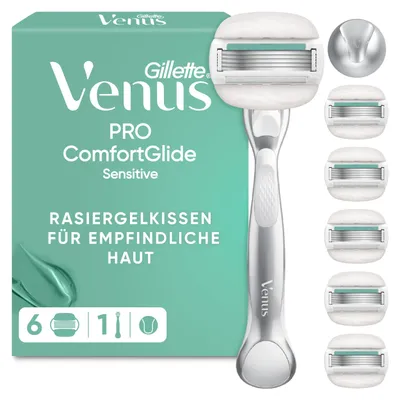 Produktbild von Gillette Venus Pro Comfortglide Sensitive Rasierer Damen, Mettall, Silber – Rasierer + 6 Klingen