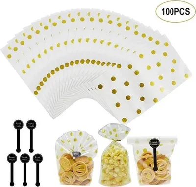 Produktbild von Packung mit 100 Kekstüten, Plätzchentüten, Süßigkeitentüten, Keksbeuteln mit Aufklebern, Plastiktüten