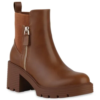Produktbild von VAN HILL Damen Klassische Stiefeletten Zipper Profil-Sohle Plateau-Schuhe 840489, Farbe: Hellbraun, Größe: 40