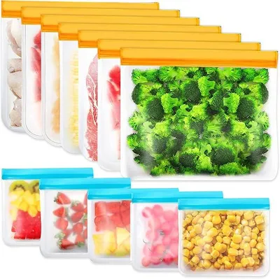 Produktbild von PolkaHome® 12er Set Wiederverwendbare Aufbewahrungsbeutel, Gefrierbeutel BPA-frei, Silikon Lebensmittelbeutel, Wasserdicht, Auslaufsicher,