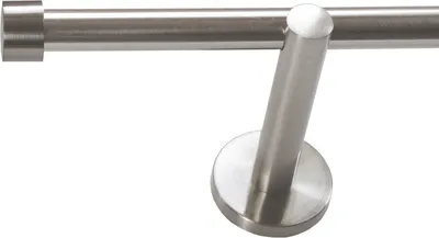 A close-up studio shot of a single curtain rod bracket and a section of the rod, against a white background.