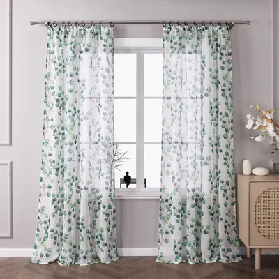 Produktbild von Joyswahl Vorhang Voile Gardinen mit Kräuselband halbtransparent Dekoschal mit Blattmuster BxH: 140x260 cm Grün 1 Stück