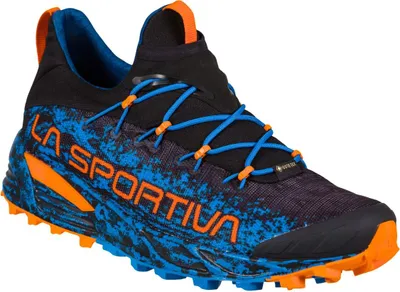 Trailrunning-Schuhe "Tempesta Gtx" von La Sportiva in Schwarz und Blau mit orangefarbenen Akzenten.