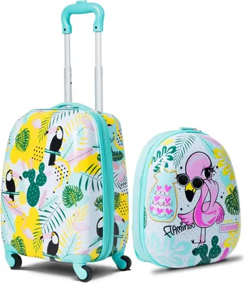 Produktbild von GOPLUS 2 TLG. Kinder Reisekoffer Set, Kinderkoffer mit Rucksack, Reisekoffer mit Rollen & Teleskopgriff, Hartschalenkoffer Farbwahl (12"+16", Flamingo)