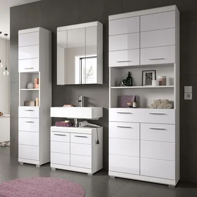 Produktbild von Badezimmer-Set 4-teilig in weiß mit weiß Hochglanz, mit Spiegelschrank - SIROCO-158