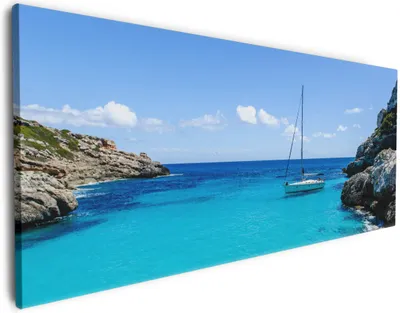 Produktbild von Wallario Premium Leinwandbild Segelboot in der Bucht in Größe 60 x 150 cm