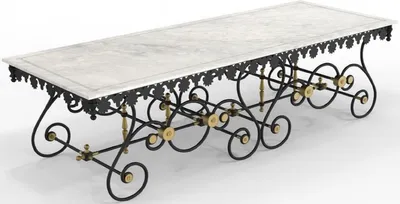 Produktbild von Casa Padrino Jugendstil Gartentisch Weiß / Schwarz / Messing 270 x 100 x H. 75 cm - Nostalgischer Schmiedeeisen Garten & Terrassen Tisch mit Marmorplatte - Jugendstil Garten & Terrassen Möbel