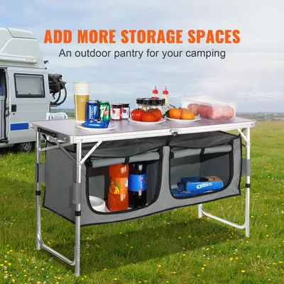 Produktbild von Campingküche klappbar mit Tragetasche, Outdoor-Kochstation, Aluminium & MDF, Grau | 120 x 47 x 70 cm | Höhe 62–70 cm | 5,5 kg