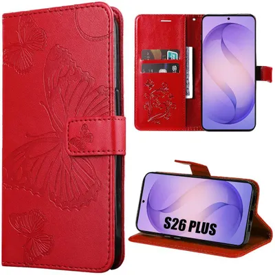 Image de Coque pour Samsung Galaxy S26 Plus, Protection Rabat Anti-Rayures Antichoc Synthécuir Relief Papillon - Rouge