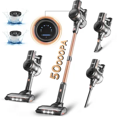 Collage of a cordless vacuum cleaner and its accessories, highlighting its features and suction power.