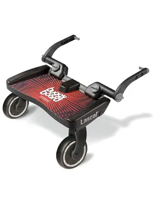 A black and red stroller board with wheels and handles, shown at an angle against a white background.