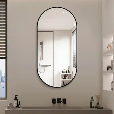 Image de Miroir mural incurvé 60 x 120 cm avec cadre en aluminium HD sans cuivre Miroir de salle de bain Miroir de couloir Moderne Vertical Horizontal Noir