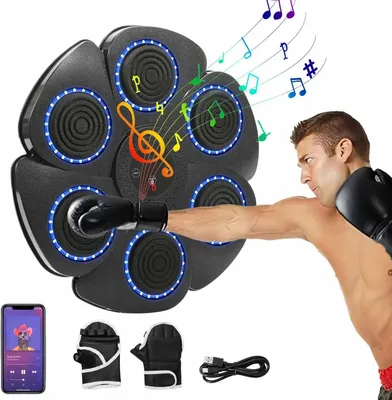Zdjęcie produktu dla Inteligentny trenażer bokserski z Bluetooth – montowana na ścianie maszyna do treningu uderzeń – muzyka i efekty świetlne LED – czujnik nacisku – pianka amortyzująca – w zestawie rękawice