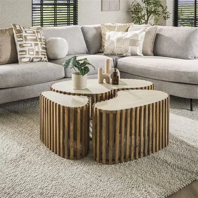 Produktbild von Hoyz Collection - Couchtisch-Set, 3-teilig, Nierenform, Nuovo Travertin, Farbe: massives Mangoholz, Sandfarbe