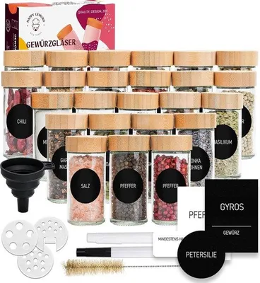 Produktbild von Spicebehälter mit Holzlidsen & Zubehör - Luftdicht - 24-teilige Spice Jars Set, 24-teilig, Spice Storage Spicebehälter