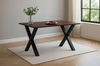 Produktbild von Esszimmertisch Rita | 120 x 80 cm | Akazienholz massiv | Kastanienfarbig | Schweizer Kante | X-Gestell Metall Schwarz | pflegeleichter Esstisch/Holztisch für Esszimmer & Küche