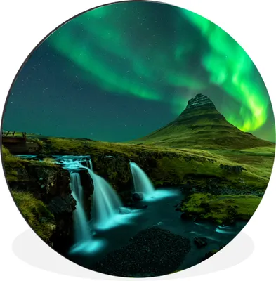 Produktbild von MuchoWow® Aluminium Wandkreis Nordlichter - Wasserfall - Berg - Island Ø 90 cm Wanddeko Modern Wohnzimmer - Mauerkreis - Wandbilder - Runde Bild - Bild aus Aluminium - Schlafzimmer - Wohnzimmerdekoration - Wand Dekoration
