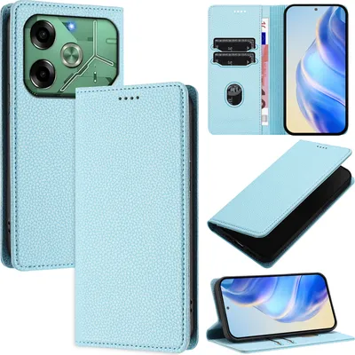Produktbild von Litchi Leder Handyhülle für Tecno Pova 6 4G Wallet Kartenfächer Standfunktion Hülle Hellblau