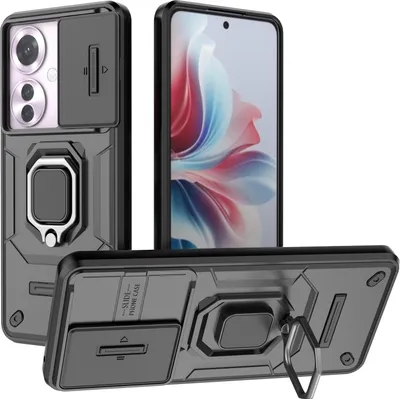 Obrázek produktu pro Pouzdro pro Oppo Reno11 F dvouvrstvé pouzdro s posuvnou ochranou kamery a držákem prstenu, stojánek černé