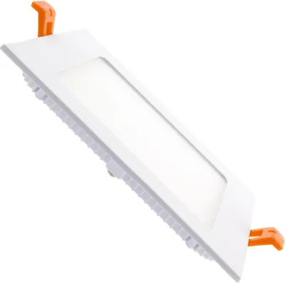 A white, rectangular LED panel light with orange clips on a white background.