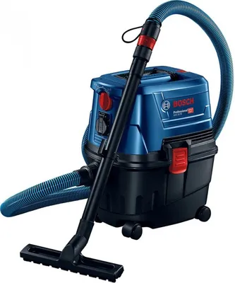 A blue and black Bosch wet/dry vacuum cleaner with a hose and floor nozzle, presented against a white background.