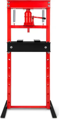 A red hydraulic press is shown against a white background.