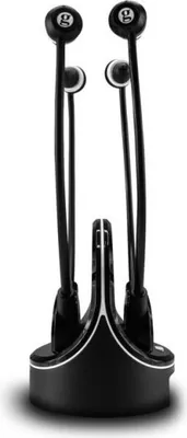 A pair of black wireless earbuds with a charging stand.