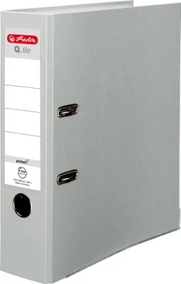 Produktbild von Herlitz® Q.file Aktenordner A4 | 8cm Rücken | Wechselseitiges Schild | 2-Ring-Mechanik mit Druckleiste | PP Folie beschichtet Robuste Beschläge | Asche