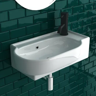 Produktbild von Alpenberger Handwaschbecken | Waschtisch aus Keramik mit Überlauf | Hängewaschbecken zur Wandmontage | Gästebad Waschbecken Modernes Design | Badezimmer Waschbecken | Lavabo Waschbecken Weiß