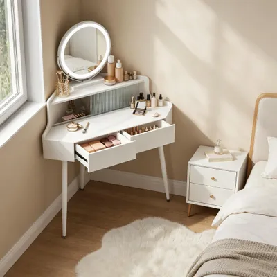 Imagen del producto de Mesa de tocador Eckdesign, mesa de vestidor, mesa de vestidor con espejo redondo (solo disponible con la mesa de vestidor)