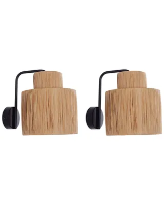 Produktbild von BELIANI Wandleuchte Naturfarben u. Schwarz Metall mit Papierschirm Trommelform 1-Flammig Wandlampe Esszimmer Wohnzimmer Schlafzimmer Nachtlampe