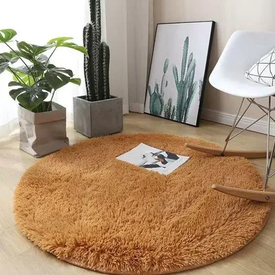 Zdjęcie produktu dla Unyqoos® Okrągły dywan z pluszu, 60x60 cm – miękki, puszysty poliester z pluszową fakturą, podkładka z pianki, antypoślizgowy (z antypoślizgowymi wypustkami), kolor żółty