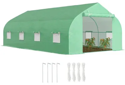 Obrázok produktu pre Fóliový tunel – tunelová sklenáreň – 6x3x2 m – fólia PE a oceľová konštrukcia – 8 bočných okien – výsuvný vchod – zelená farba