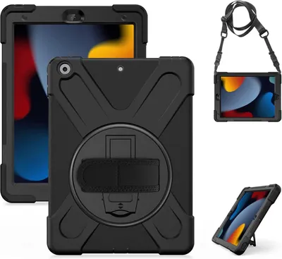 Produktbild von Hülle für iPad 9./8./7. Generation (10.2 Zoll), Stoßfeste Robust Panzerhülle mit Pencil Halter, Drehbar Stände, Handschlaufe Schultergurt Schutzhülle für iPad 10.2" 2021/2020/2019 Schwarz